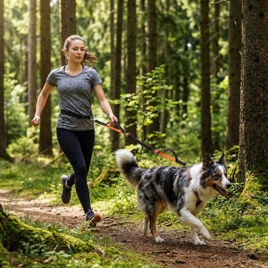 laisse canicross avec double poignée intégrée utilisée par une femme en jogging en forêt avec chien actif