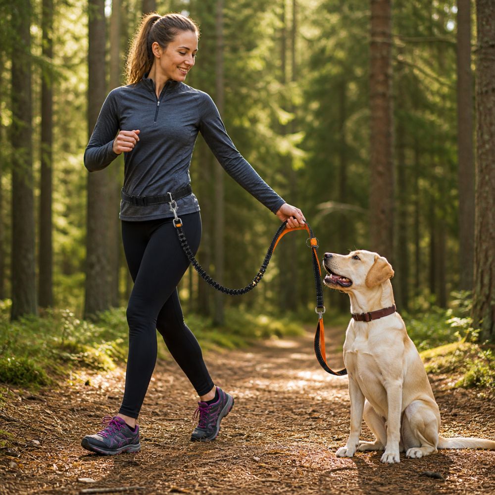 utilisation laisse canicross en forêt avec chien assis et traction contrôlée par la ceinture