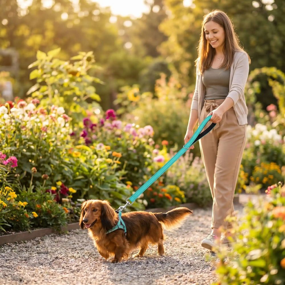 femme promenant son teckel avec laisse chien turquoise dans un jardin fleuri au coucher du soleil