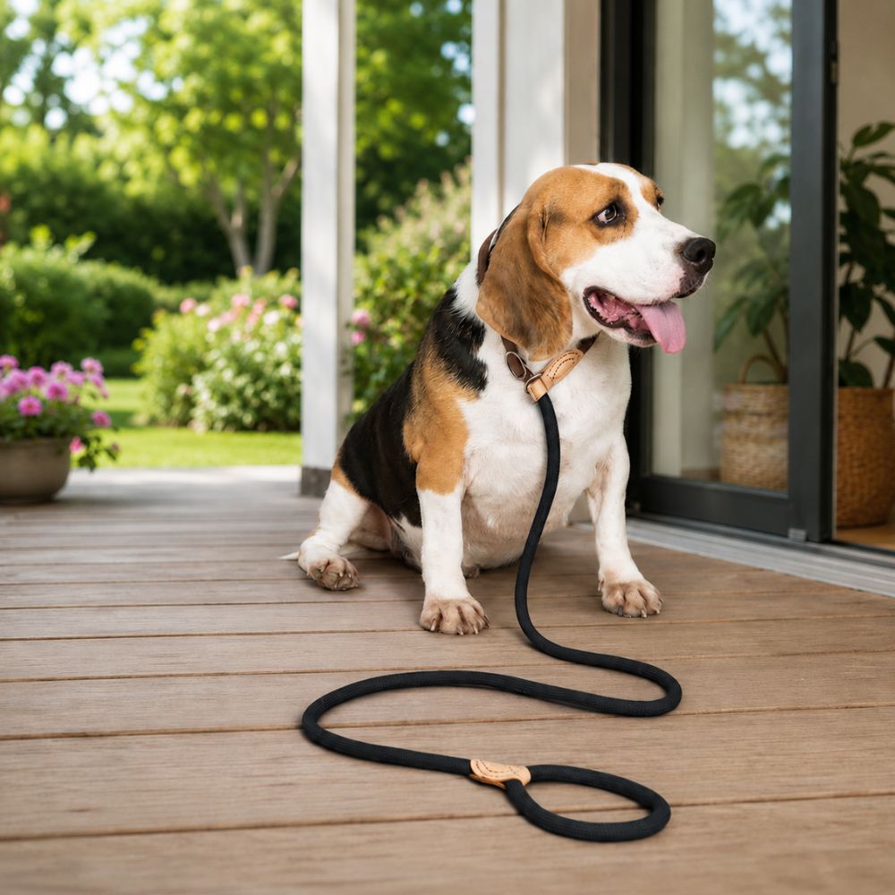laisse chien corde noire portée par un beagle assis sur une véranda avec vue jardin