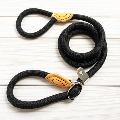 Laisse chien corde noire tressée avec boucles et renforts en cuir