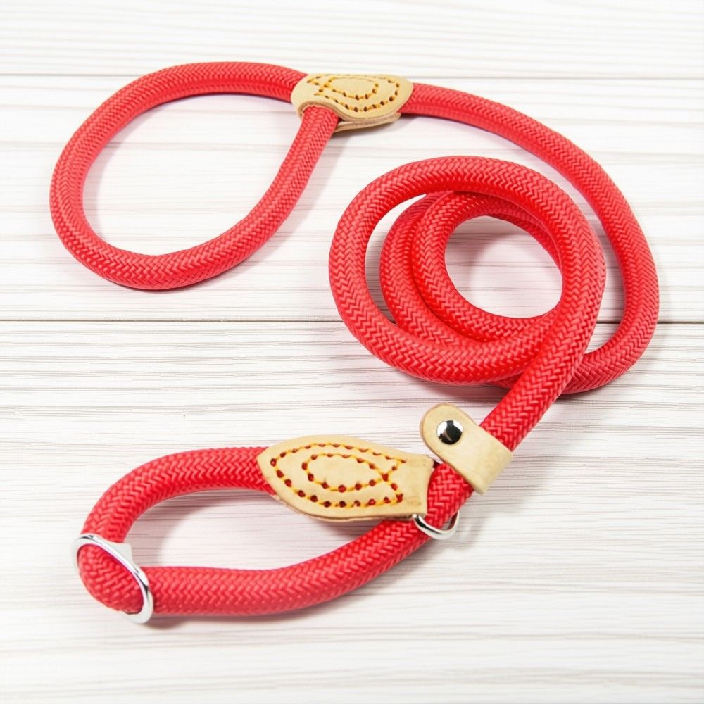 Laisse chien corde rouge avec boucles coulissantes et finitions en cuir