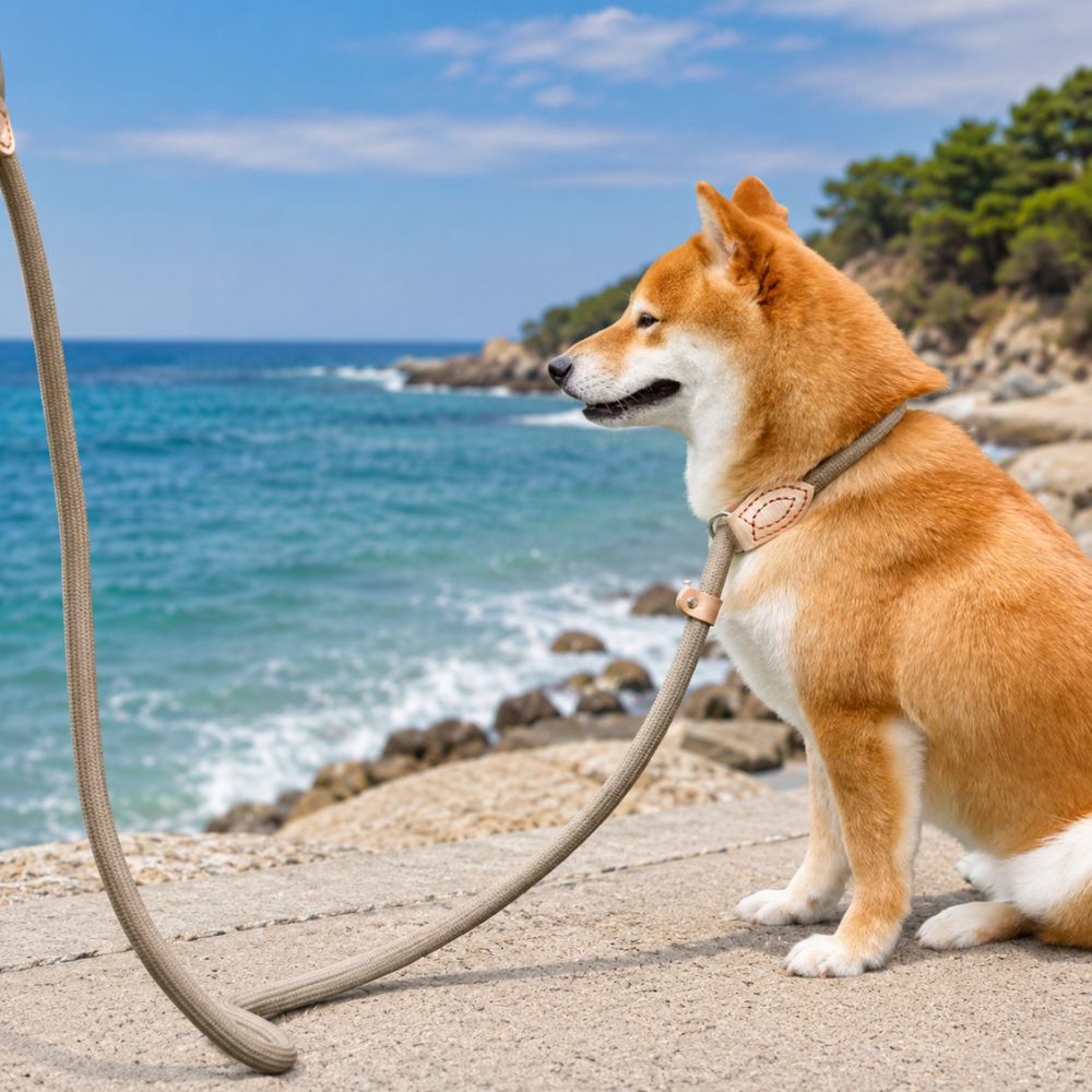laisse chien corde beige portée par un shiba assis face à la mer sur une promenade côtière