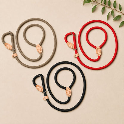 laisse chien corde disponible en trois couleurs beige rouge et noire présentées sur fond clair premium