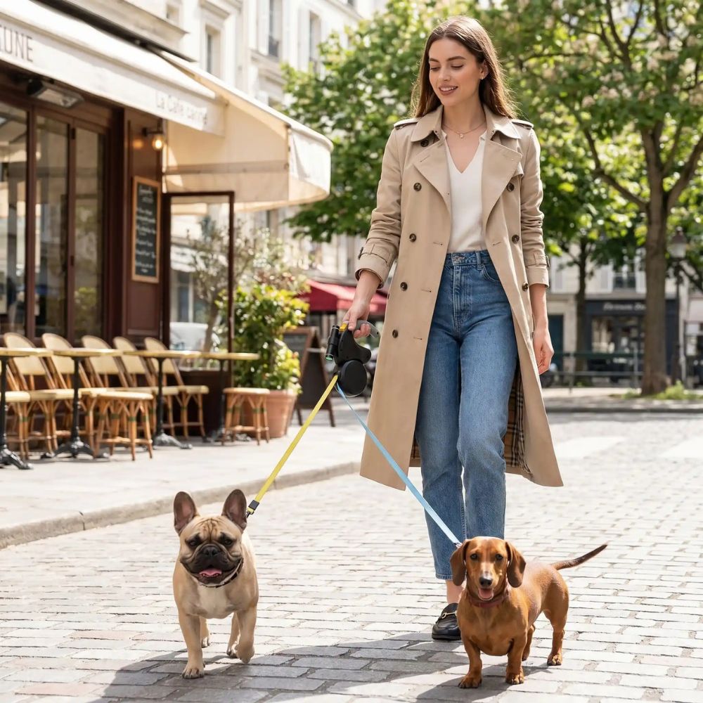 femme promenant un bouledogue français et un teckel avec une laisse chien double dans une rue parisienne