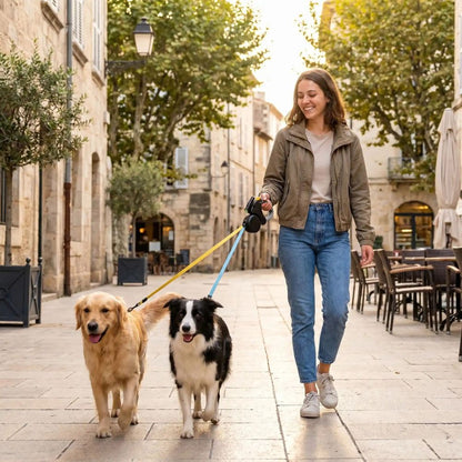 femme marchant avec un golden retriever et un border collie grâce à une laisse chien double en ville