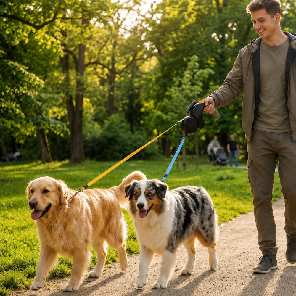 homme promenant un golden retriever et un berger australien avec une laisse chien double dans un parc ensoleillé