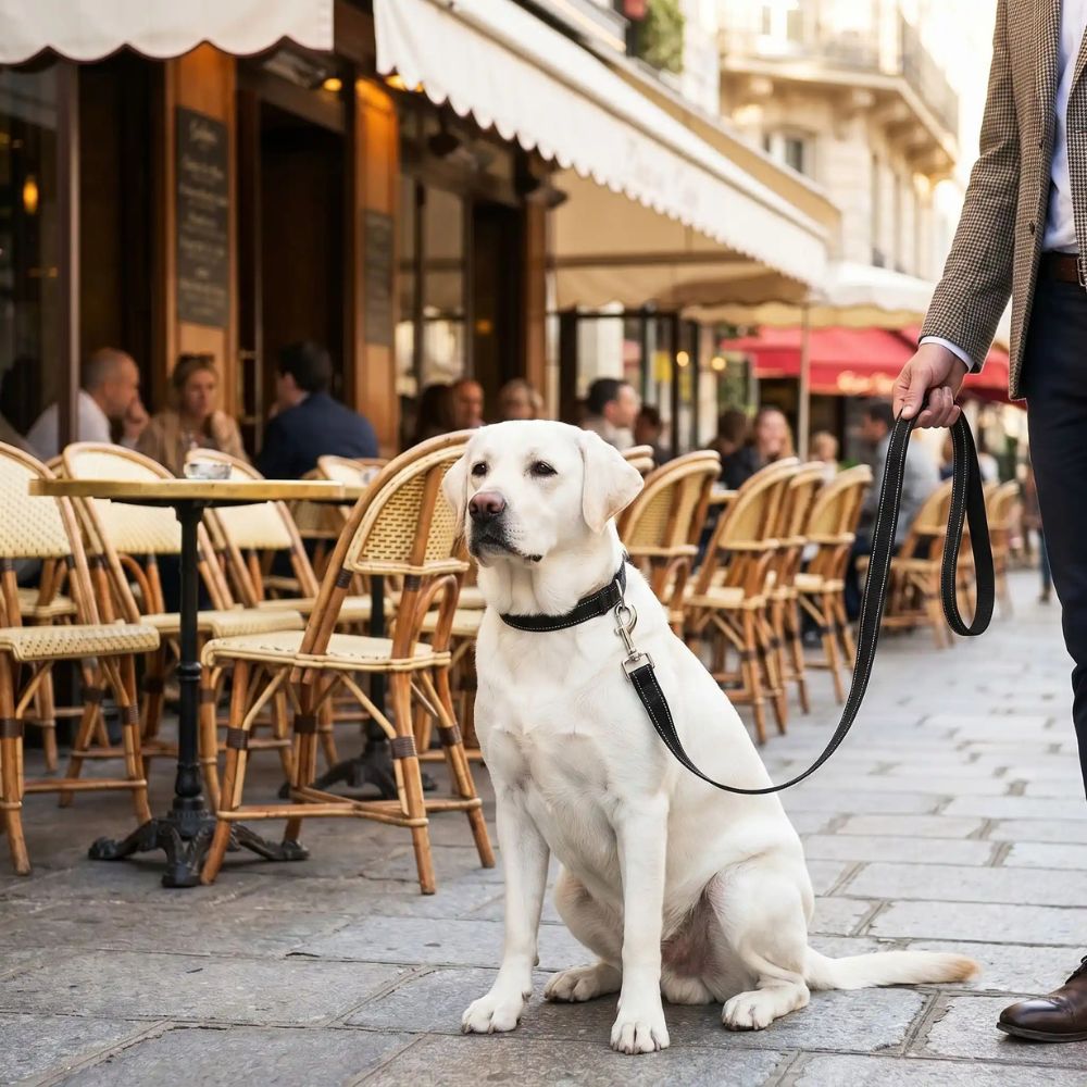 labrador assis en terrasse avec laisse chien noire idéale pour les sorties en ville