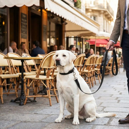 labrador assis en terrasse avec laisse chien noire idéale pour les sorties en ville