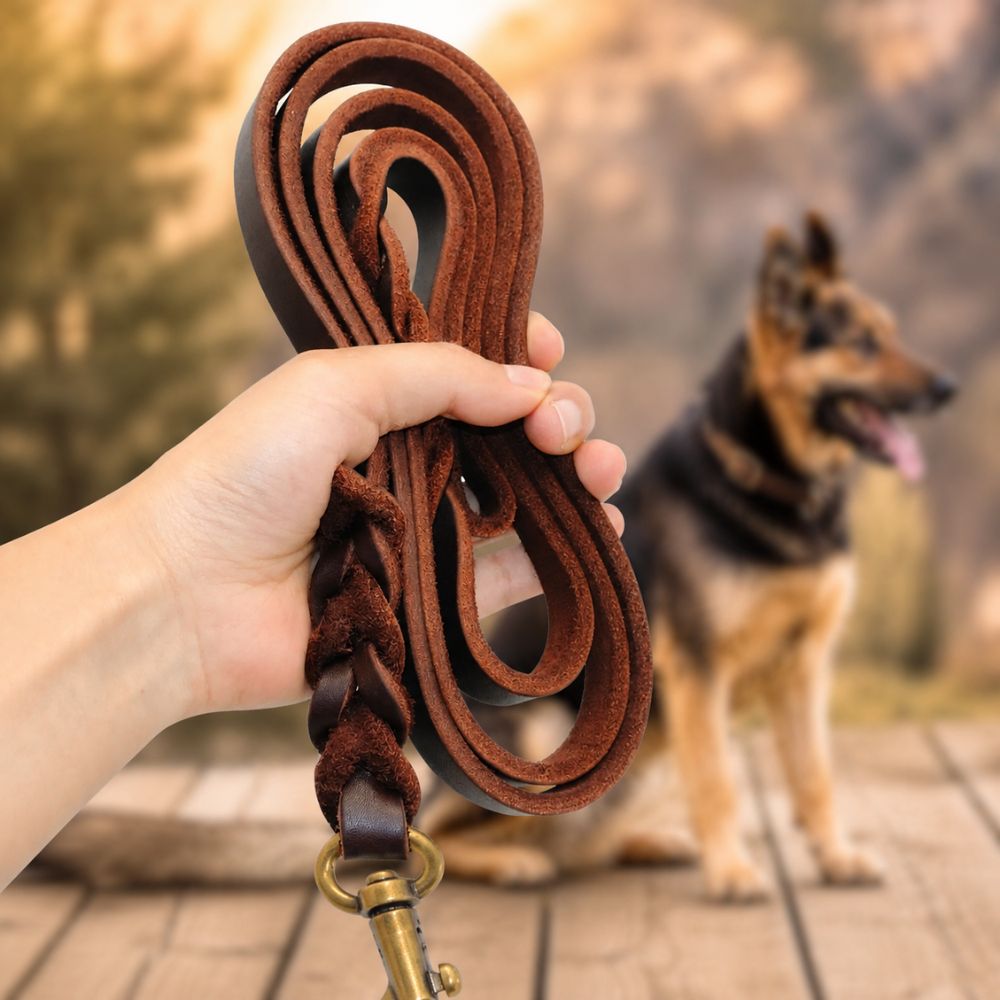main tenant une laisse cuir chien en cuir marron avec berger allemand flou en arrière-plan