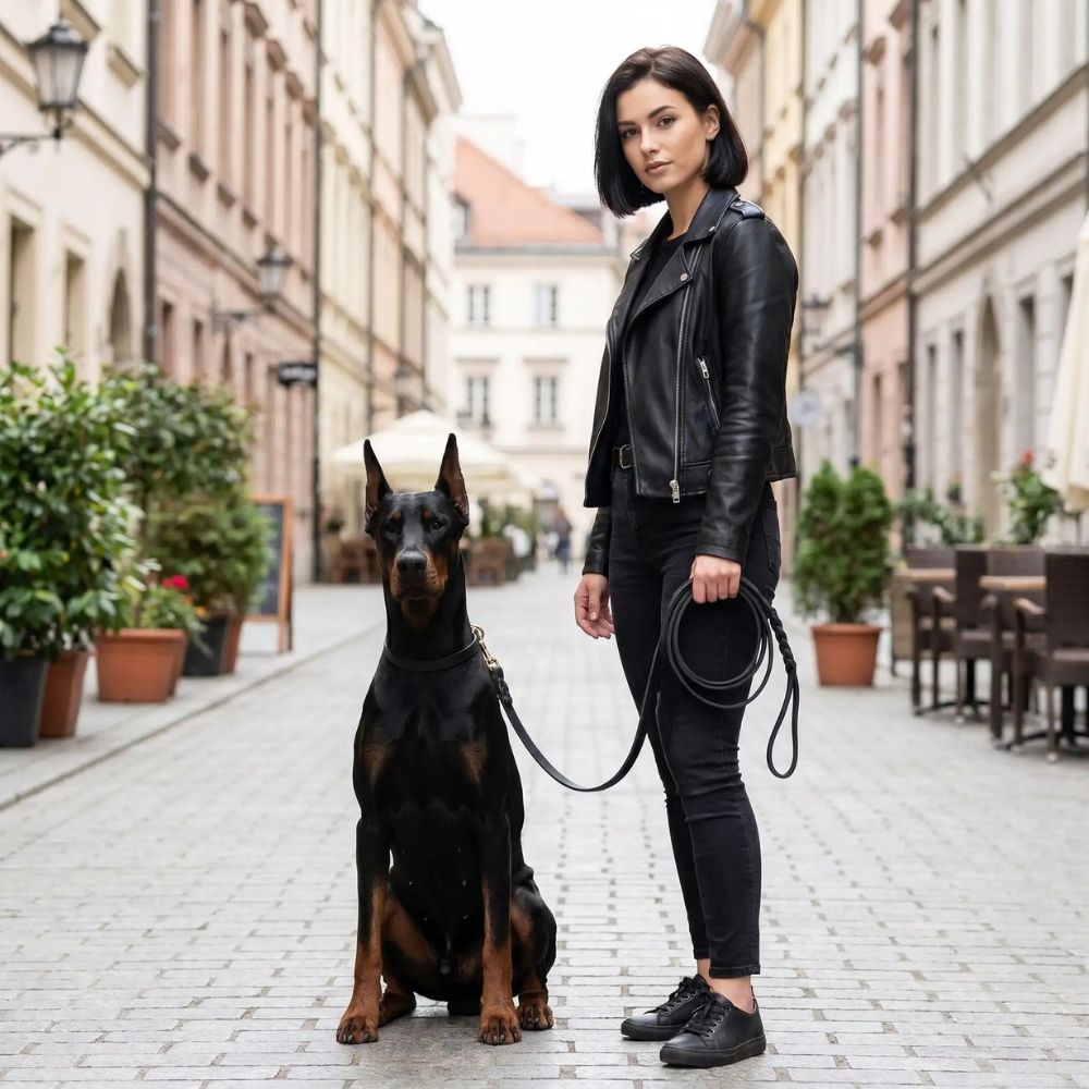 femme promenant un dobermann avec une laisse cuir chien dans une rue élégante en ville