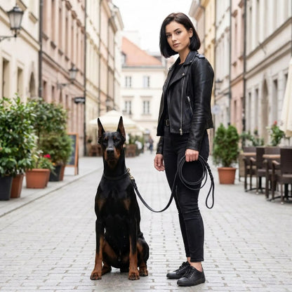 femme promenant un dobermann avec une laisse cuir chien dans une rue élégante en ville