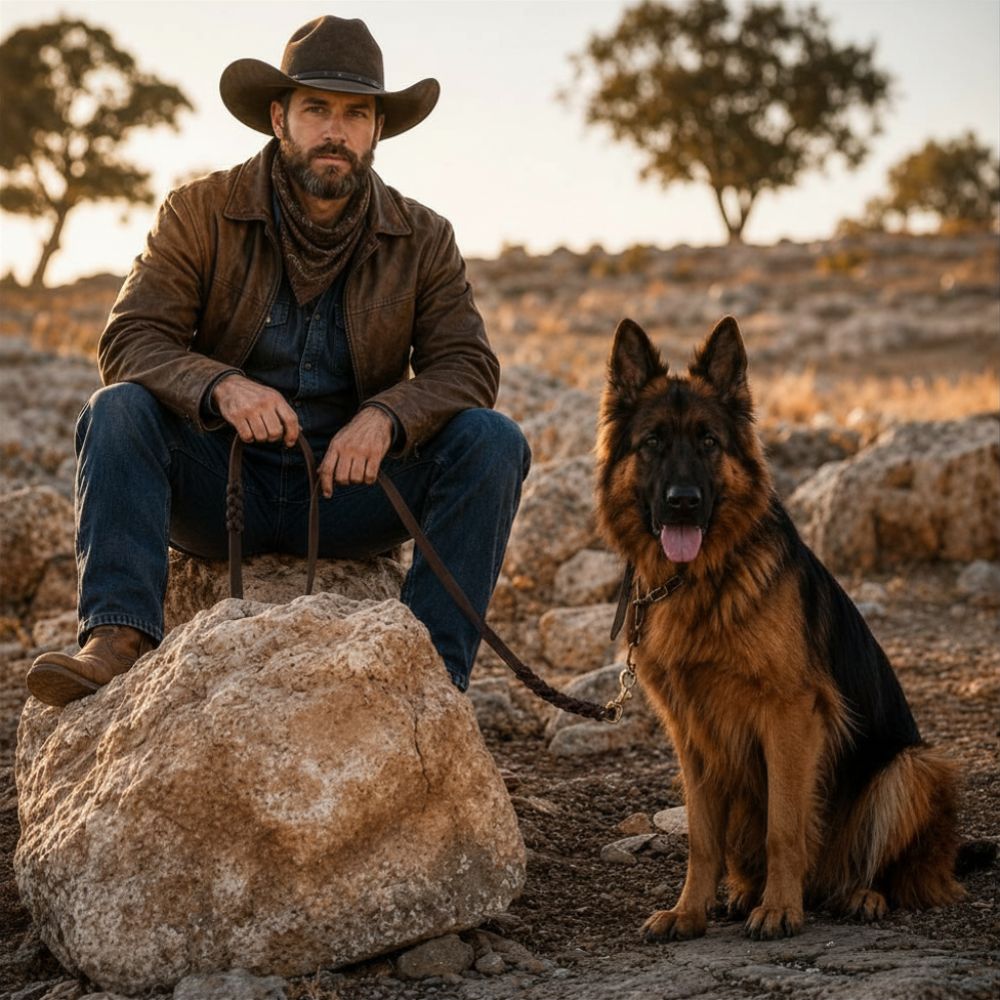 berger allemand aux côtés d’un homme style western avec une laisse cuir chien dans le désert