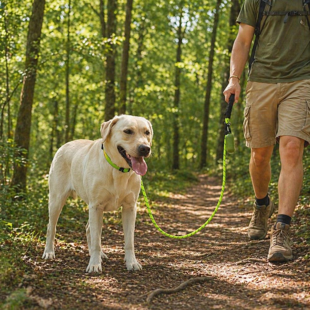 labrador tenu en laisse de chien résistante utilisée lors d’une randonnée en forêt 