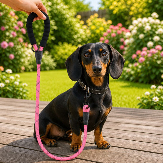 laisse de chien rose bonbon tenue par un teckel assis dans un jardin ensoleillé