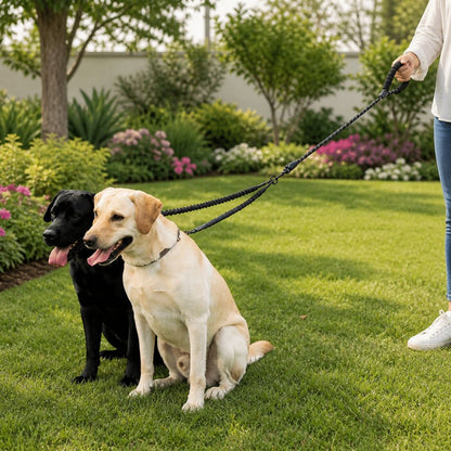 laisse double pour chien avec deux chiens assis dans un jardin fleuri offrant stabilité et confort