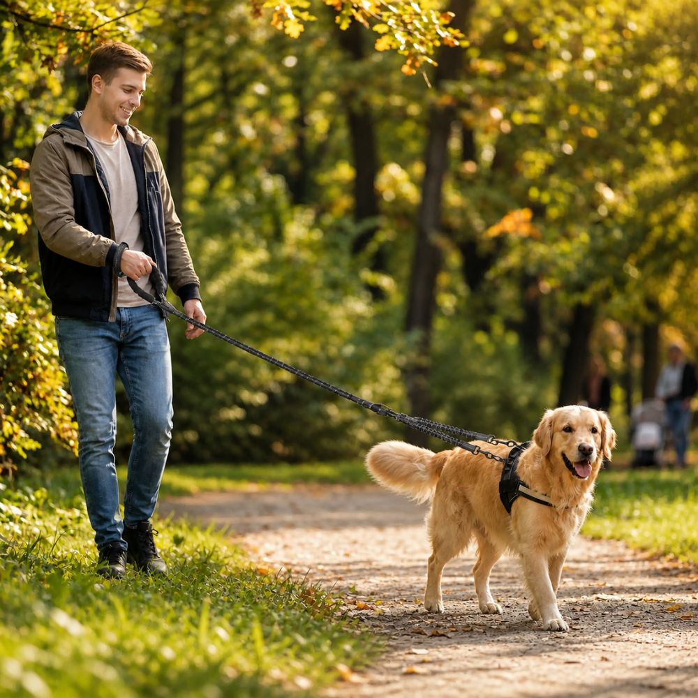 laisse double pour chien utilisée en balade avec un homme et un golden retriever dans un parc naturel