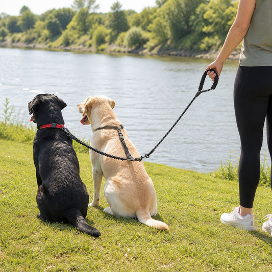 laisse double pour chien tenue à une main avec deux labradors au bord d’une rivière en extérieur