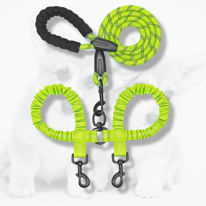 laisse double pour chien vert fluo avec système amortissant et double attache résistante