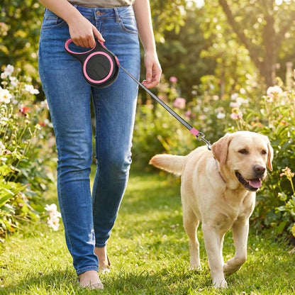 labrador en promenade avec une laisse enrouleur pour gros chien rose dans un jardin ensoleillé