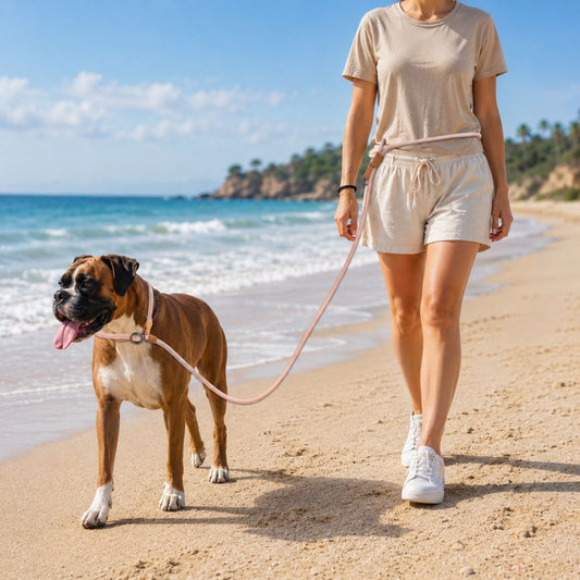 laisse lasso pour chien rose utilisée par une femme en promenade avec un boxer sur la plage