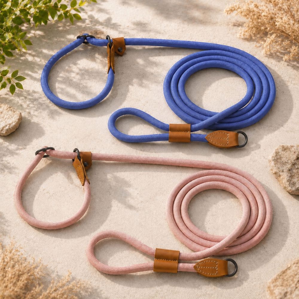 détail du système coulissant d’une laisse lasso pour chien bleue avec golden retriever flou en arrière-plan