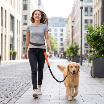 jeune femme marchant en ville avec une laisse mains libres pour chien attachée à la ceinture et golden retriever devant