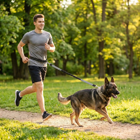 jeune homme courant avec une laisse mains libres pour chien grise attachée à la ceinture dans un sentier en forêt avec malinois en traction