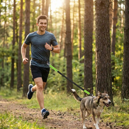 homme courant en forêt avec une laisse mains libres pour chien verte reliée à la taille avec chien en traction légère