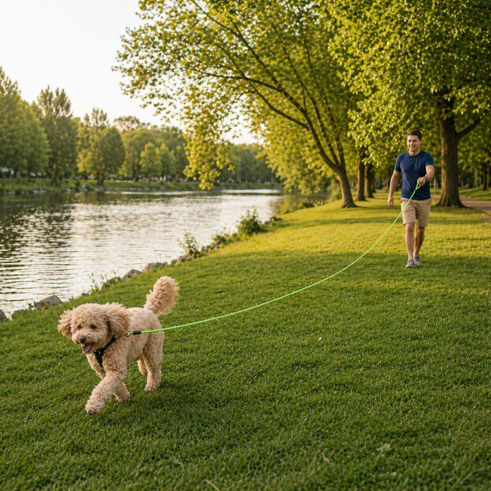 laisse pour chien longue verte utilisée près d’une rivière avec caniche en promenade