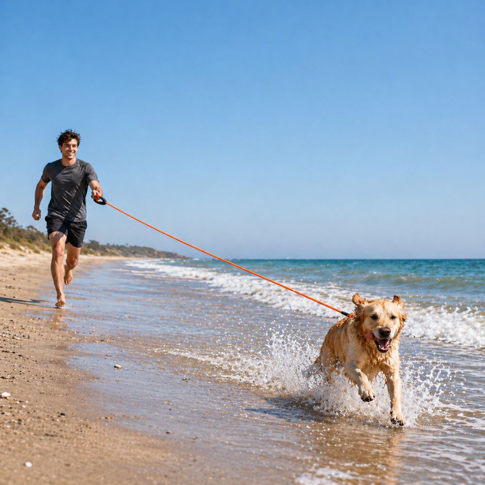 laisse pour chien orange utilisée sur la plage avec golden courant dans l’eau et longue distance de liberté
