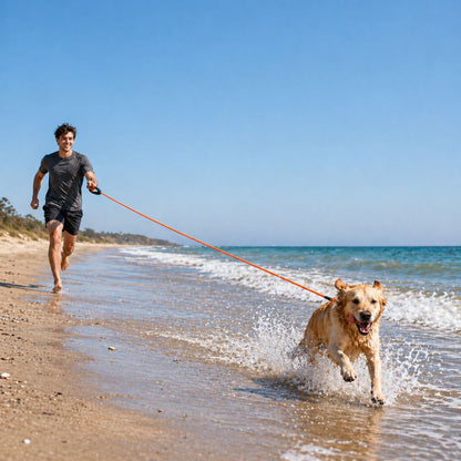 laisse pour chien orange utilisée sur la plage avec golden courant dans l’eau et longue distance de liberté