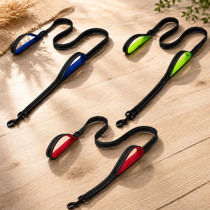 Laisse pour chien qui tire disponible en rouge, bleu et vert avec doubles poignées de contrôle premium