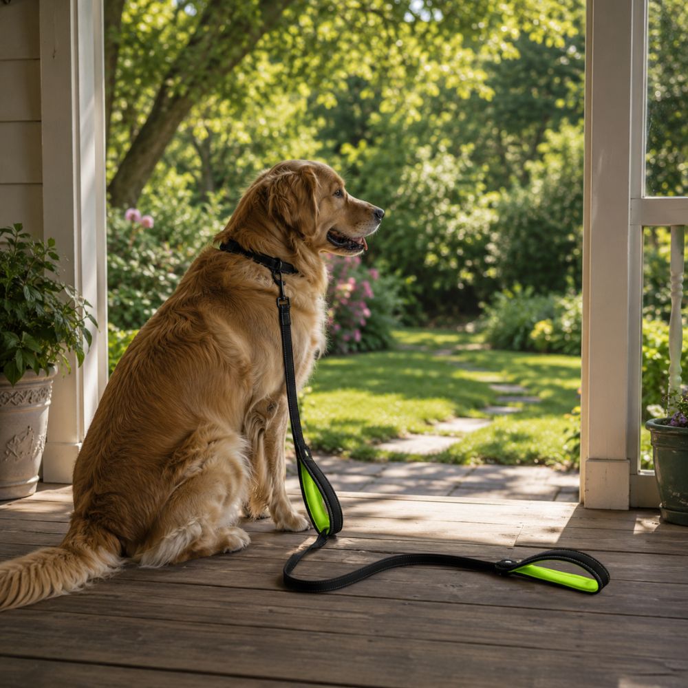 Golden retriever assis sur une véranda avec une laisse pour chien qui tire posée naturellement au sol
