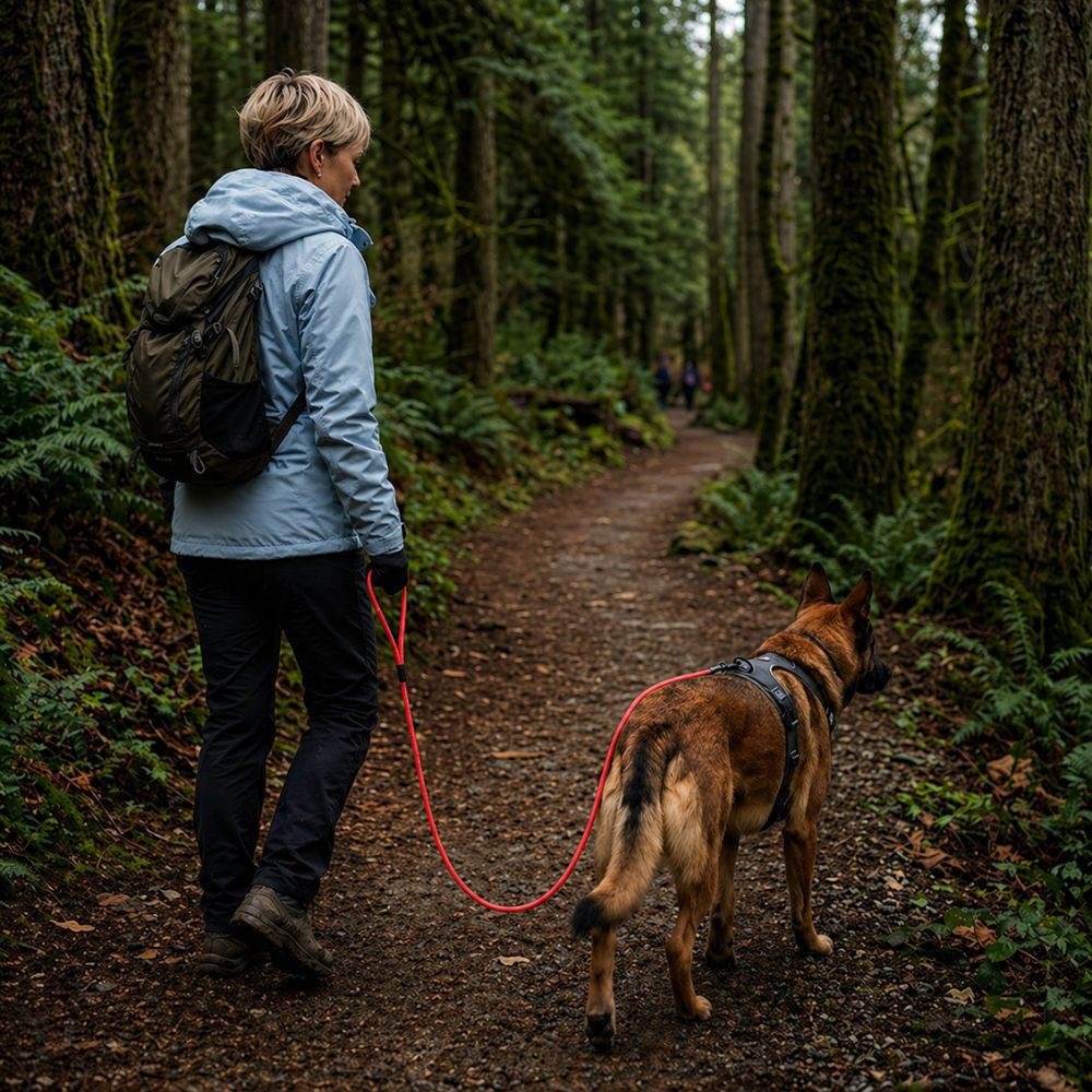 laisse pour chien rouge utilisée en randonnée en forêt avec grand chien en harnais