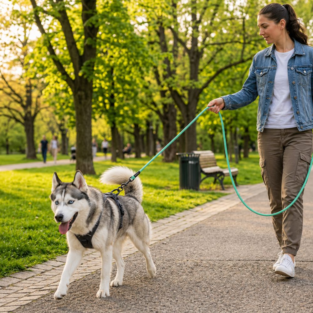 laisse pour chien vert menthe tenue lors d’une promenade avec husky dans un parc arboré