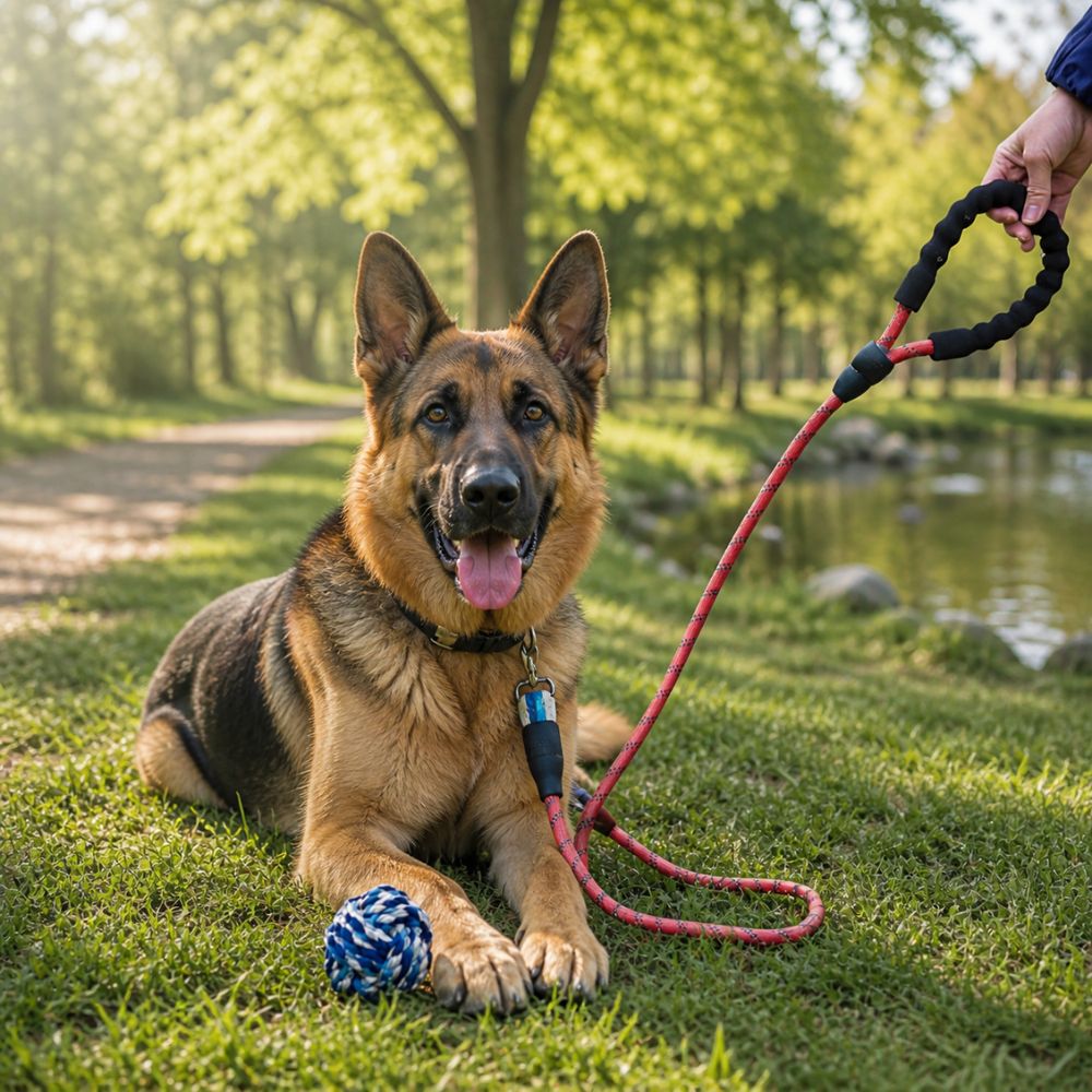 berger allemand attaché avec une laisse pour gros chien résistante lors d’une pause dans un parc