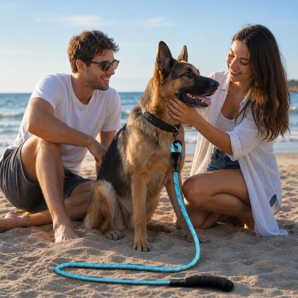 berger allemand avec laisse pour gros chien sur la plage accompagné de ses maîtres en moment de détente
