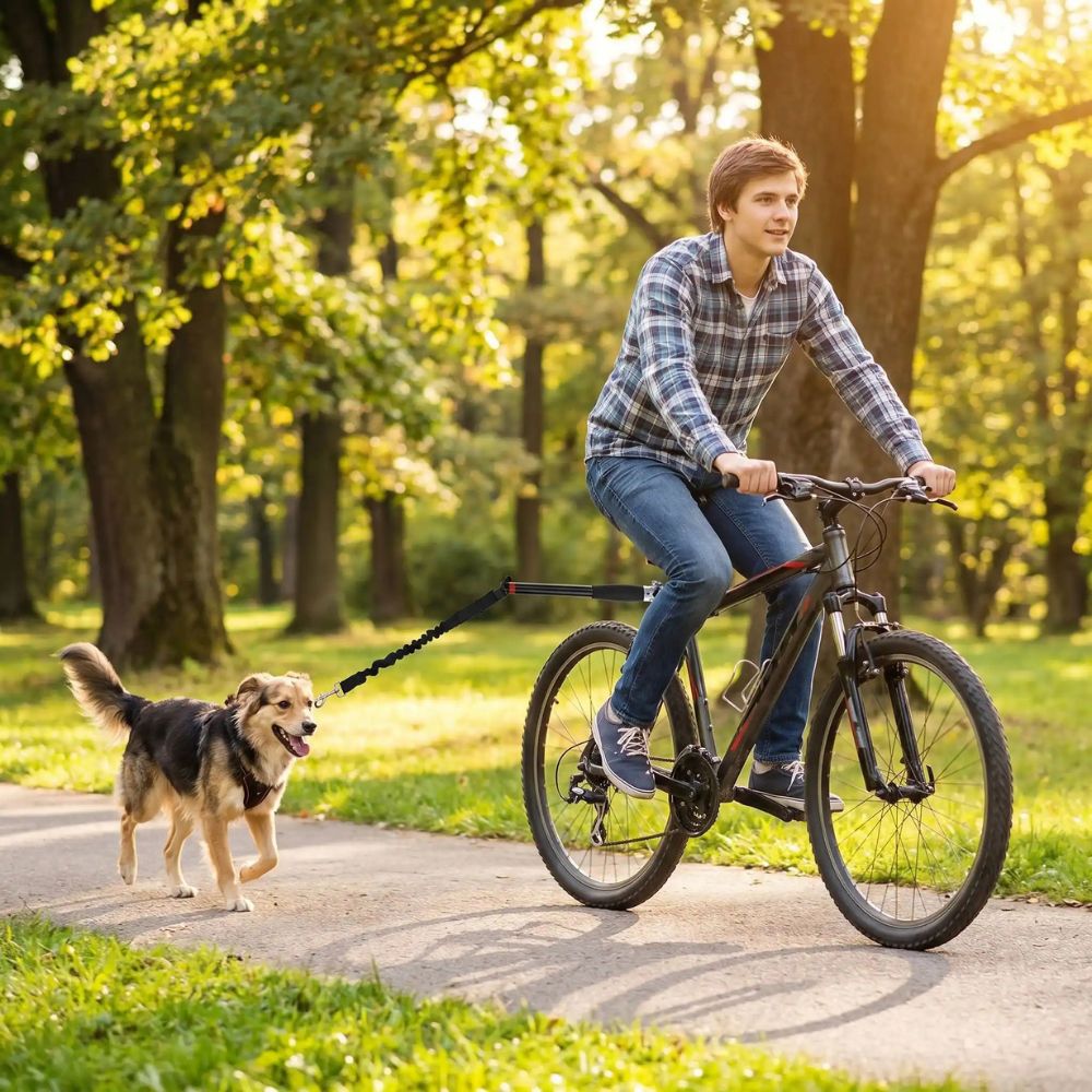 chien court avec un jeune homme roulant avec une laisse pour velo chien dans un parc boisé