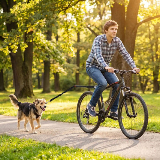 chien court avec un jeune homme roulant avec une laisse pour velo chien dans un parc boisé
