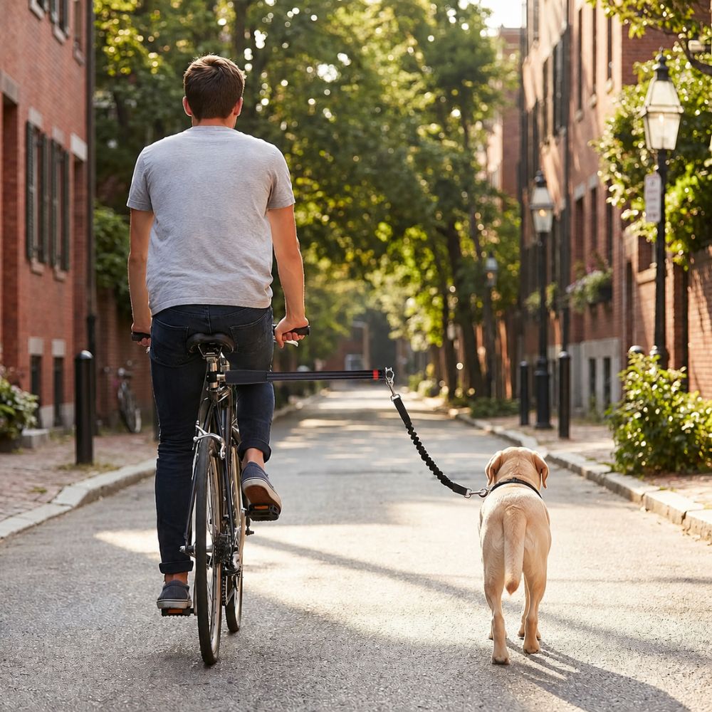 labrador courant à côté d’un vélo avec une laisse pour velo chien en ville