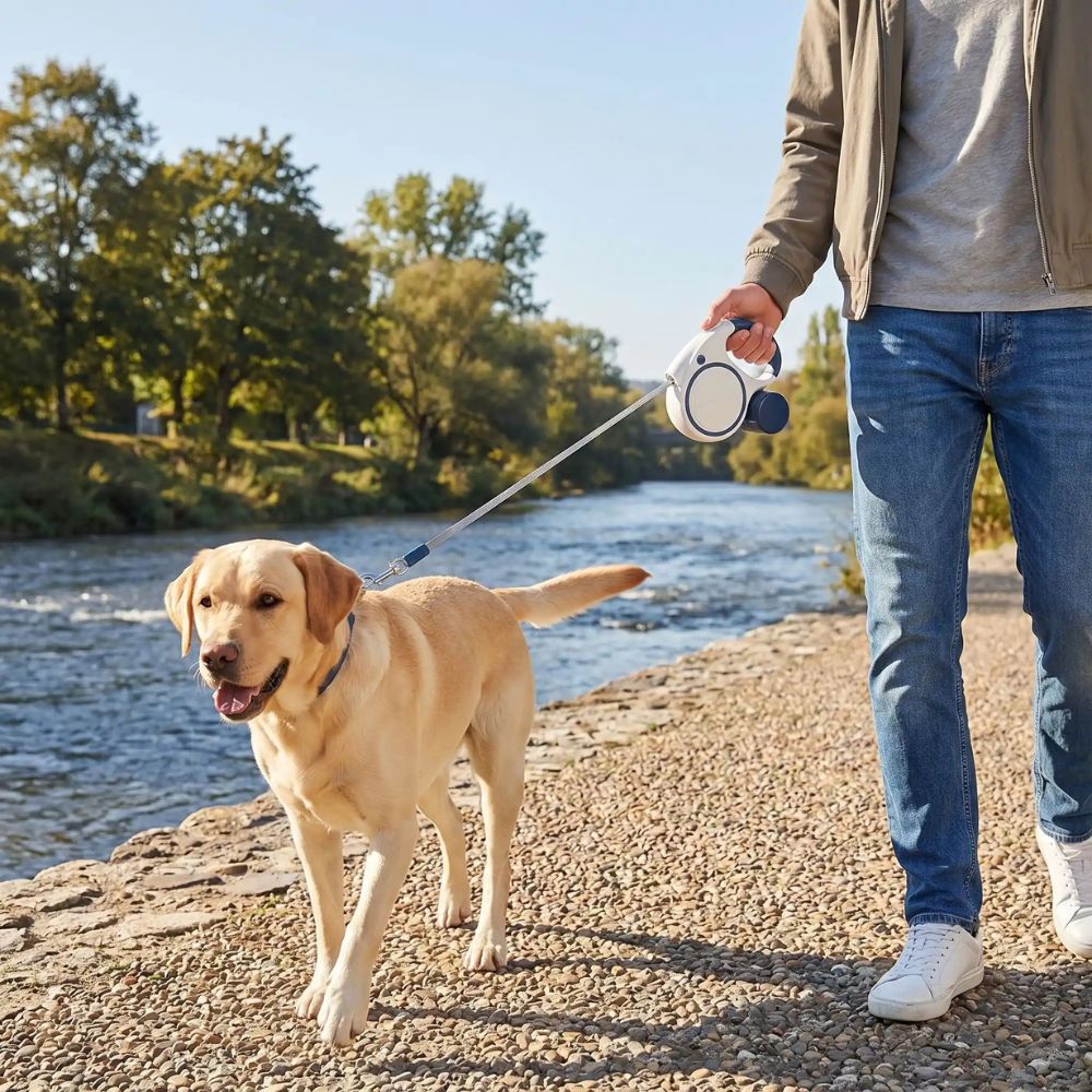 homme promenant un labrador avec une laisse rétractable chien au bord d’une rivière