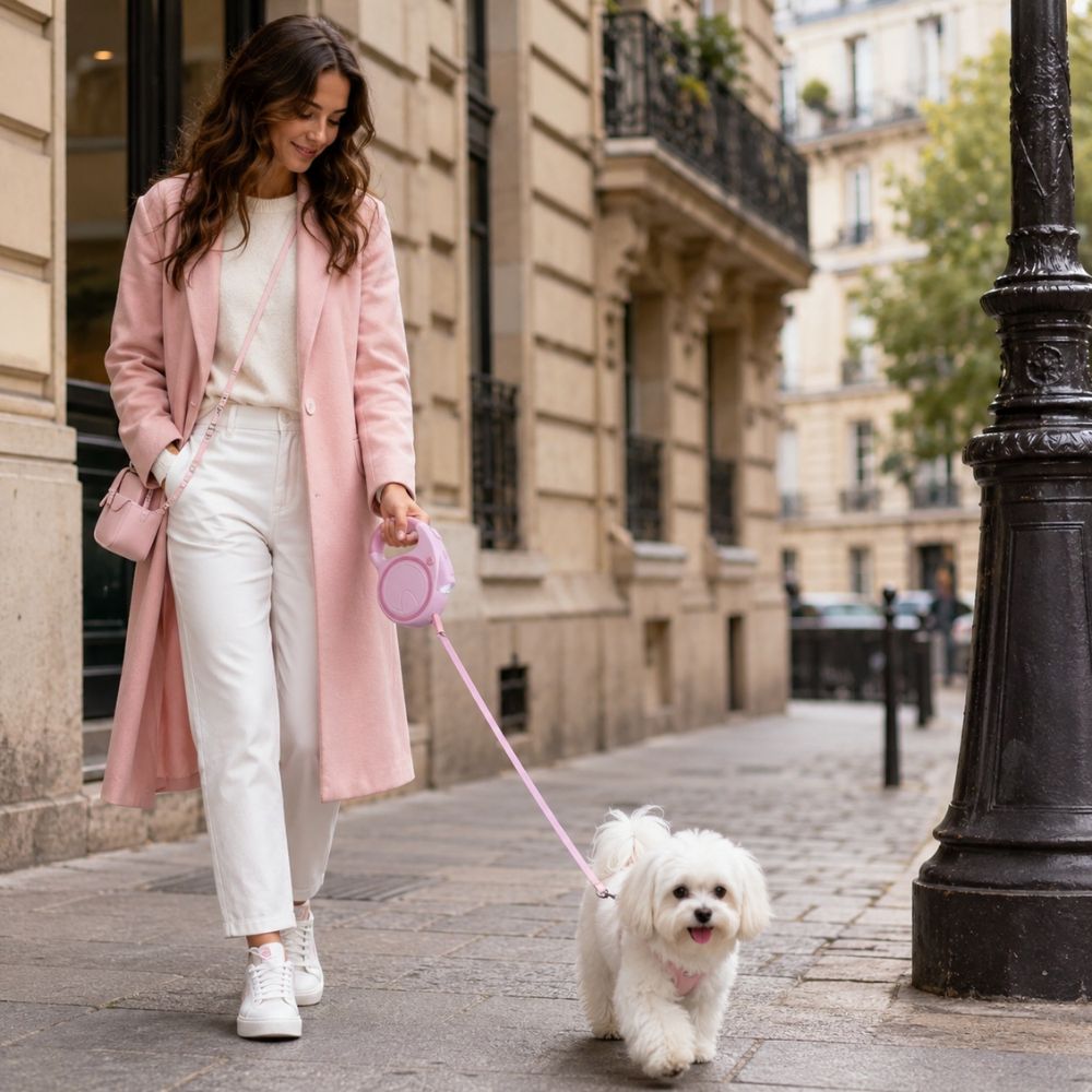 jeune femme promenant un bichon maltais avec une laisse rétractable chien dans une rue parisienne