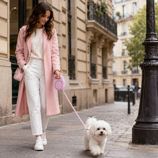 jeune femme promenant un bichon maltais avec une laisse rétractable chien dans une rue parisienne