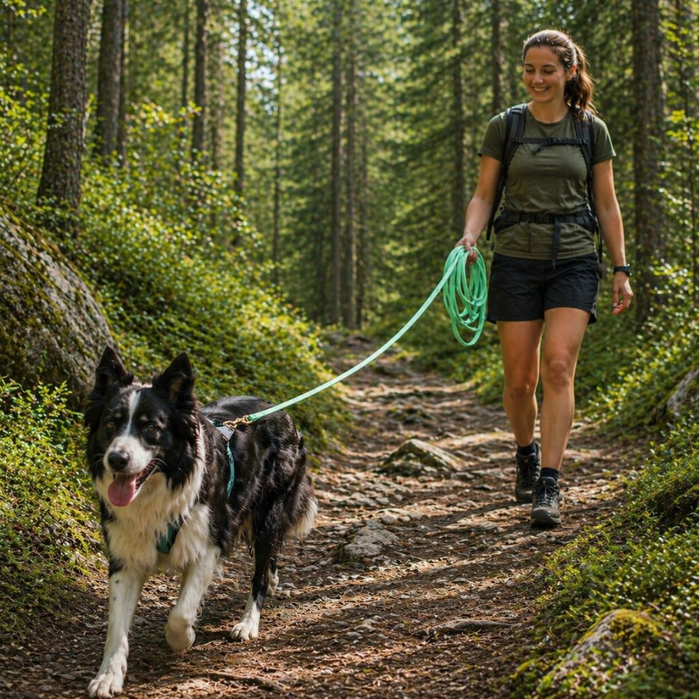 longe chien vert menthe utilisée en balade sportive en forêt avec border collie et jeune femme