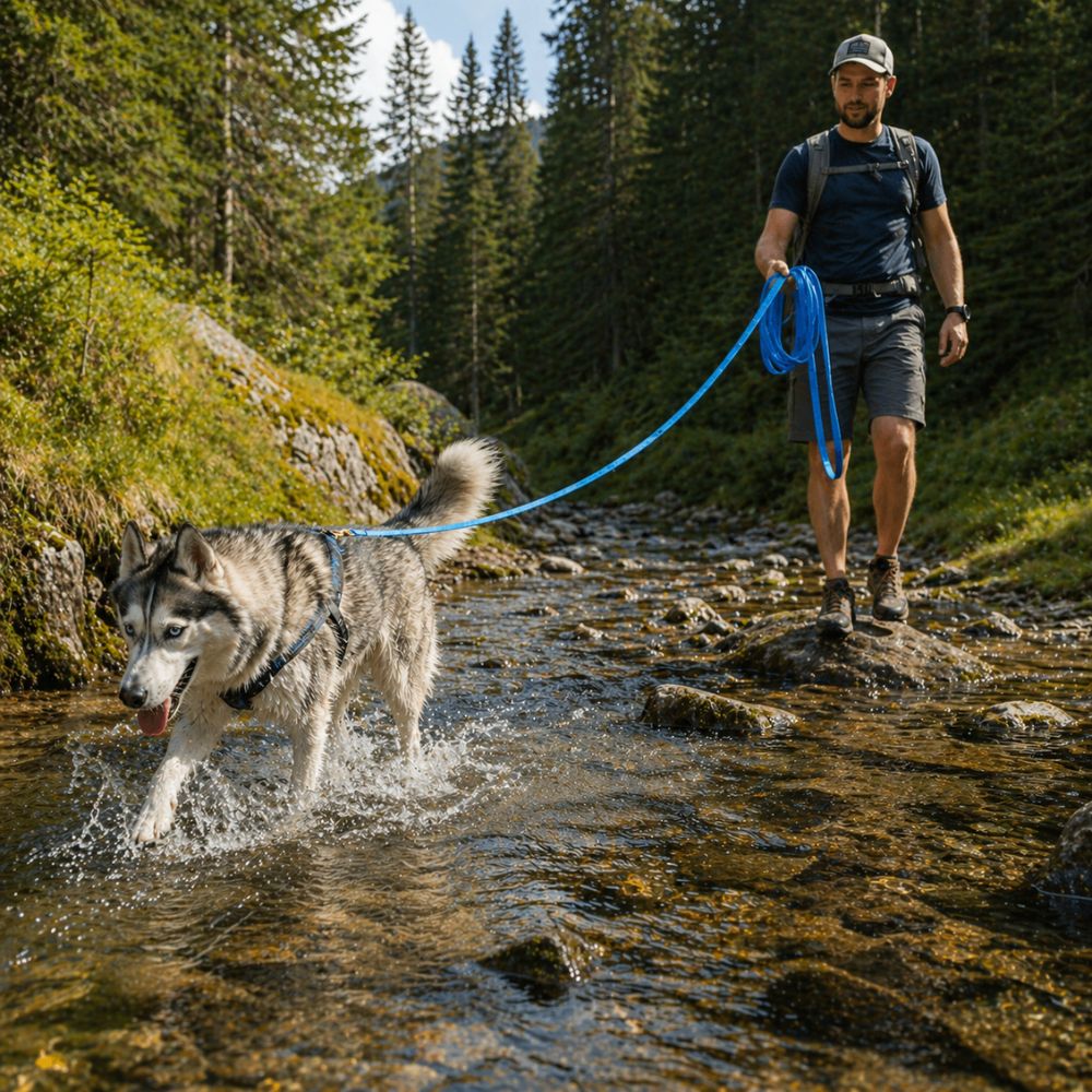 longe chien bleue utilisée en randonnée avec husky traversant un ruisseau