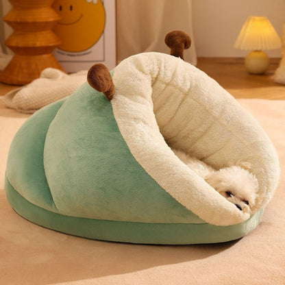 Bichon dort dans une maisonnette chien verte, tête posée sur le rebord