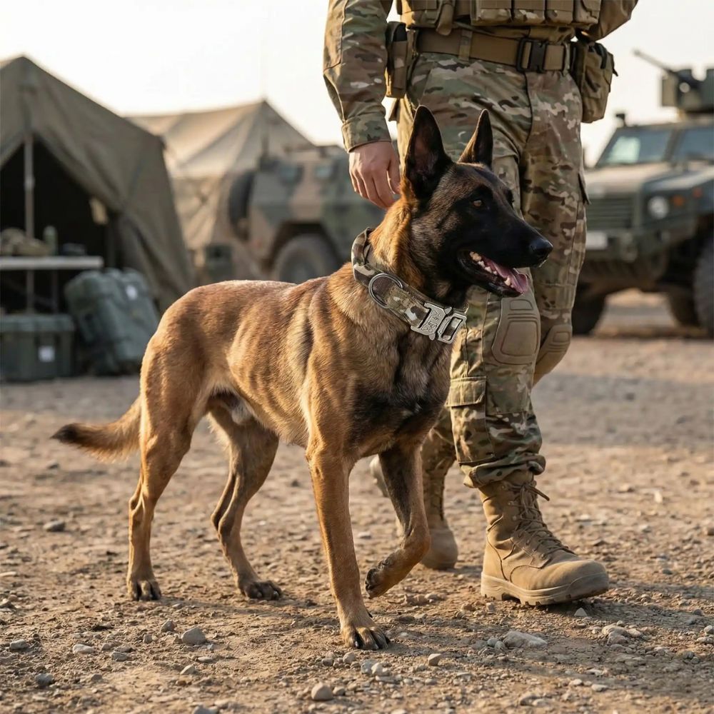 Malinois portant un collier tactique chien pendant un exercice en extérieur
