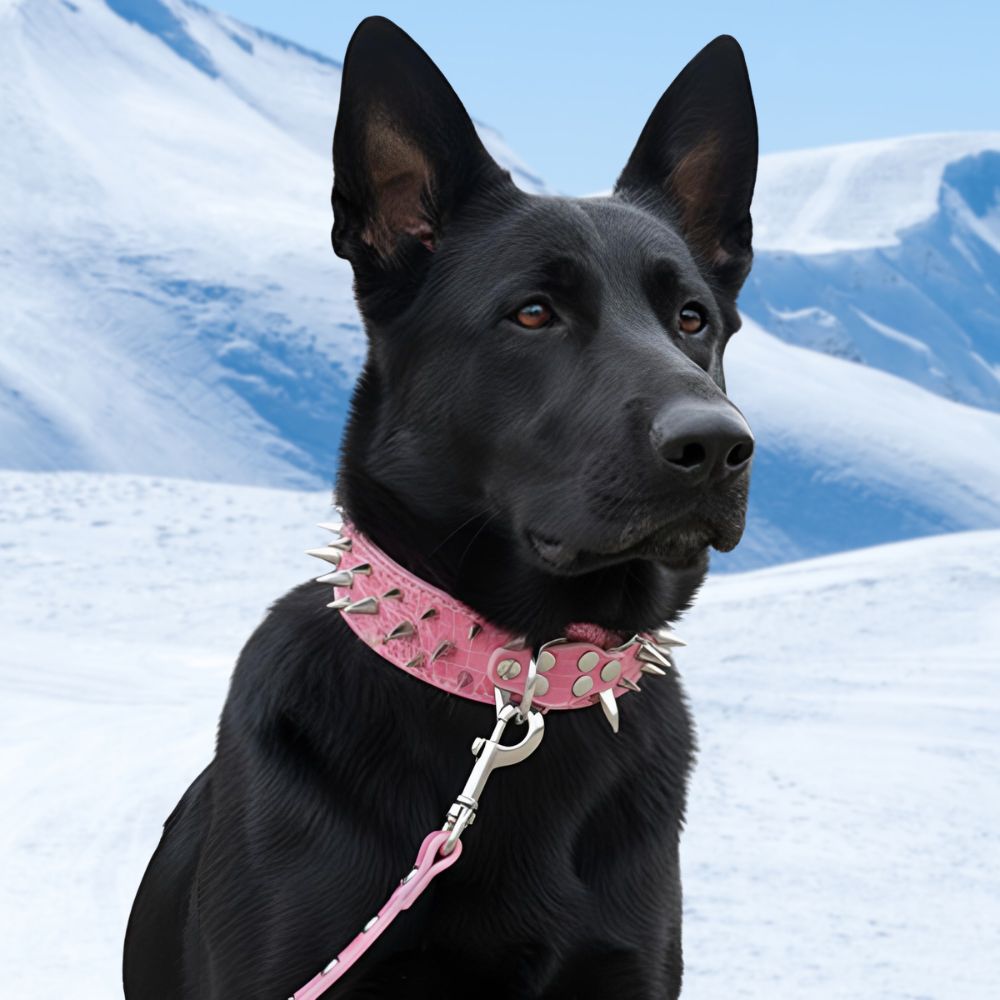 Malinois noir portant un collier chien clouté rose dans une ambiance hivernale