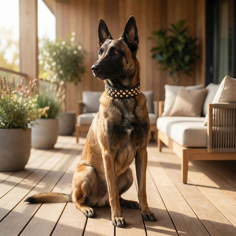 Malinois assis sur véranda lumineuse portant un collier chien à rivets décoratifs élégants